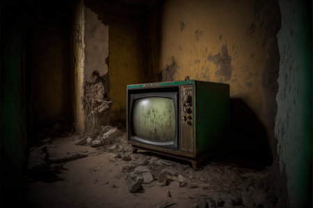 Old TV set in ancient abandoned stone room, created with generative aiの素材