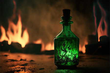 Closeup of green potion glass bottle with blurred fire in background, created with generative aiの素材