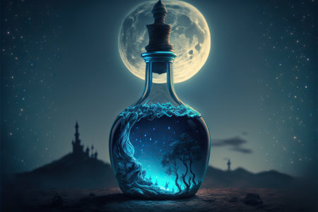 Glowing blue potion bottle with moon and night sky in background, created with generative aiの素材