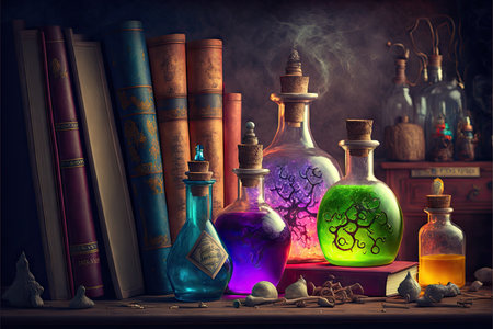 Old alchemy books and colorful potion bottles on shelf background, created with generative aiの素材