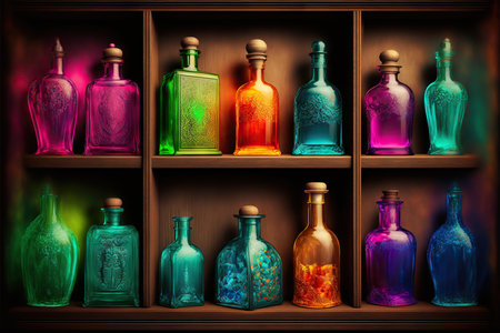 Various colorful vintage glass bottles on shelves background, created with generative aiの素材