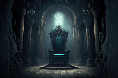 Majestic throne in mysterious dark castle, created with generative aiの素材