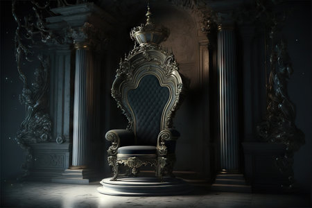 Baroque throne in beautiful fantasy baroque palace in darkness, created with generative aiの素材