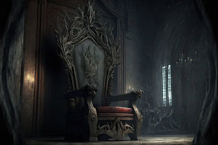 Ancient dark throne with ornament in old dark castle, created with generative aiの素材