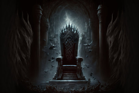 Grotesque throne in dark medieval castle, created with generative aiの素材