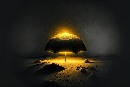 Mystical yellow light under floating black umbrella in total darkness, created with generative aiの素材