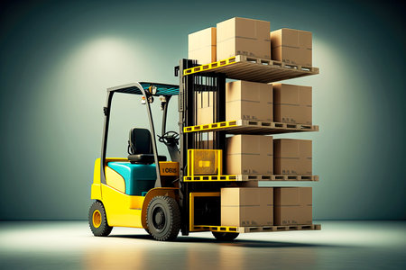 Machine for loading and unloading goods on warehouse holding boxes, created with generative aiの素材