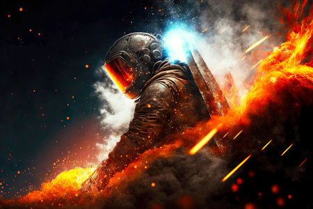 hot fiery spray flying from metal during welding process, created with generative aiの素材