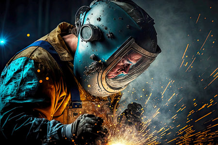 dangerous work weld with sparks welding process, created with generative aiの素材