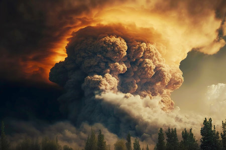 huge clouds of smoke from forest fire rise into sky. fire burned all vegetation in forest, burned areas, natural disaster, created with generative aiの素材