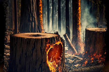 wood trunks burned in forest fire, forest fires burn all natural concept, created with generative aiの素材