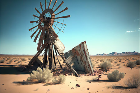 Old broken windmill on cracked ground in desert, created with generative aiの素材
