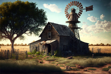 Old windmill near farm with barn, agriculture concept, created with generative aiの素材