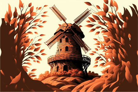 Ancient wooden windmill on hill with flying in wind orange leaves in autumn, created with generative aiの素材