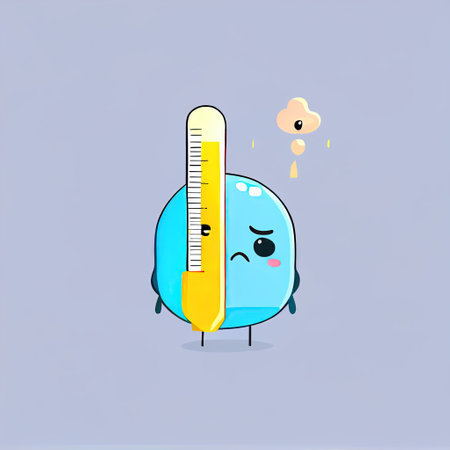 cute thermometer cartoon character grabs his head, cartoon style, modern simple illustration, created with generative aiの素材