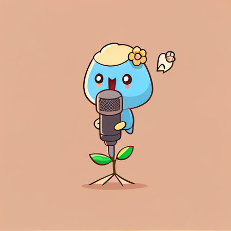 cute bell flower cartoon character singing into the microphone, cartoon style, modern simple illustration, created with generative aiの素材