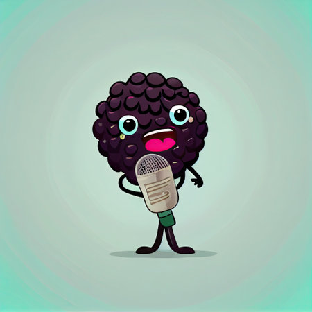 cute blackberry cartoon character singing into the microphone, cartoon style, modern simple illustration, created with generative aiの素材