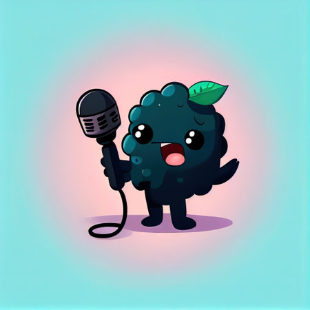cute blackchokeberry cartoon character singing into the microphone, cartoon style, modern simple illustration, created with generative aiの素材