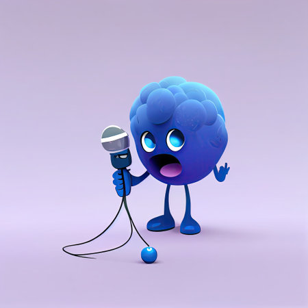 cute blueberry cartoon character singing into the microphone, cartoon style, modern simple illustration, created with generative aiの素材