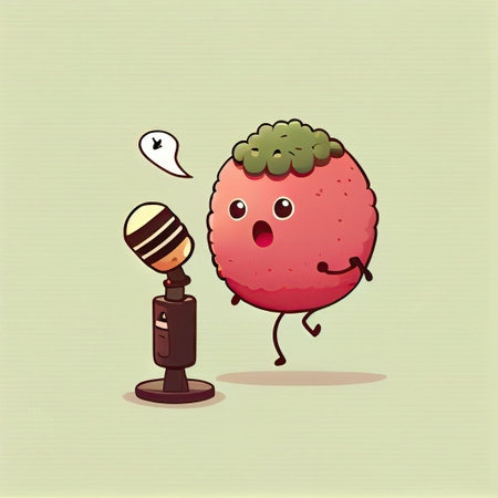 cute aroniaberry cartoon character singing into the microphone, cartoon style, modern simple illustration, created with generative aiの素材