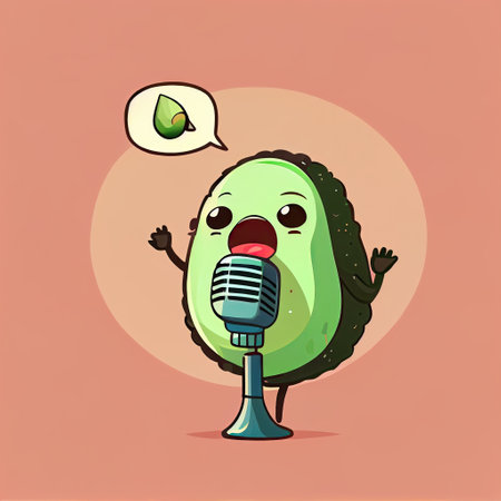 cute avocado cartoon character singing into the microphone, cartoon style, modern simple illustration, created with generative aiの素材