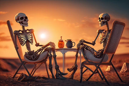 skeletons relax in comfortable armchairs against background of setting sun, created with generative aiの素材