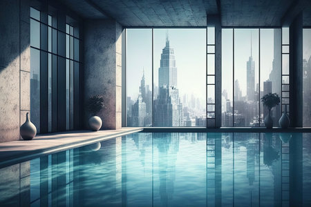 swimming pool with view of cityscape, with skyscrapers visible through the windows, created with generative aiの素材