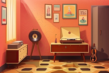retro room with record player, vinyl records and vintage poster, created with generative aiの素材