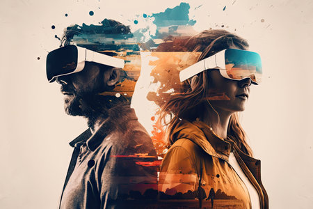 double exposure un people by vr headset, created with generative aiの素材