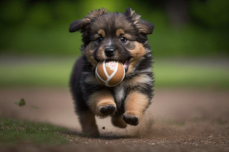 a puppy playing with a rubber ball, chasing and fetching it through the yard, created with generative aiの素材