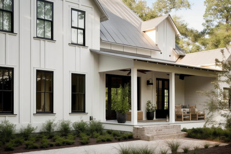 home with rustic exterior and white paint for contrast, created with generative aiの素材