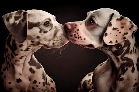 two cute dogs, with their heads close together, sharing secret, created with generative aiの素材