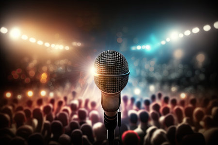 audio speaker microphone, shining in spotlight on stage with crowd and banners visible in the background, created with generative aiの素材