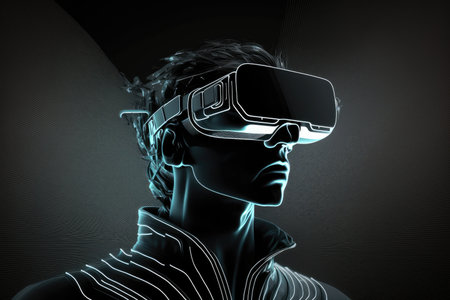 person wearing virtual reality glasses on dark background 3d render digital illustration, created with generative aiの素材