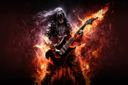 heavy metal guitarist, playing powerful solo, with smoke and flames in the background, created with generative aiの素材