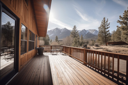 sunlit exterior deck with stunning view of the mountains, created with generative aiの素材