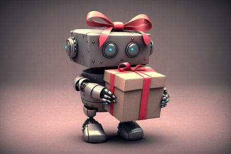 cute robot wrapping gift box with ribbon and bow, created with generative aiの素材