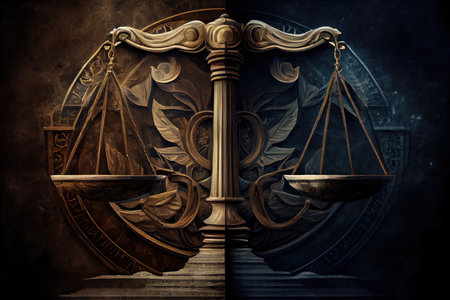 scales of justice, with one side tipped in favor of the prosecution, and the other in favor of the defendant, created with generative aiの素材
