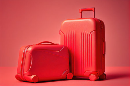 red stylish suitcases for traveling by plane on red background, created with generative aiの素材