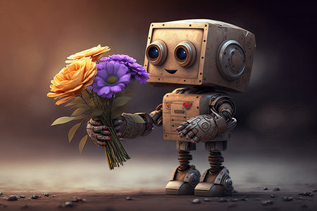 cute robot surprises person with bouquet of flowers on special occasion, created with generative aiの素材