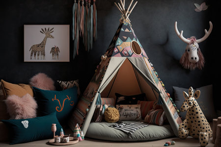 teepee surrounded by cushions and animal friends in whimsical and colorful room, created with generative aiの素材