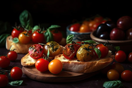 close-up of delicious bruschetta, with fresh basil and juicy cherry tomatoes, created with generative aiの素材