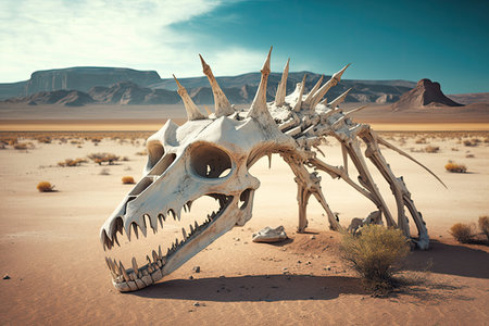 ancient dinosaur bones protruding from the ground, surrounded by barren landscape, created with generative aiの素材