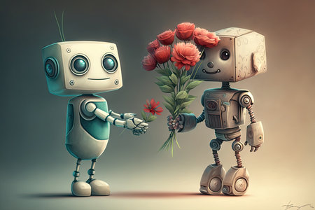 cute robot delivers bouquet of flowers to its friend, created with generative aiの素材