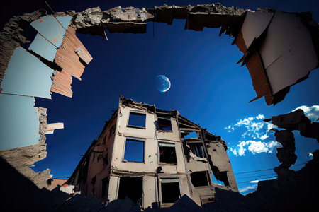 blue sky above ruined residential buildings after aftermath earthquake, created with generative aiの素材