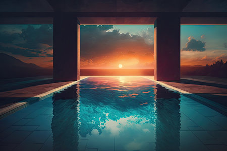 swimming pool with underwater view of sun setting into the horizon, created with generative aiの素材