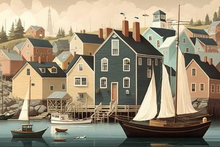 quaint coastal town with picturesque setting, featuring pastel buildings and boats in the harbor, created with generative aiの素材