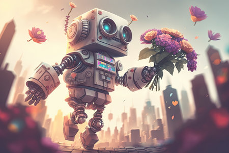 cute robot in futuristic city, holding bouquet of flowers and flying through the air, created with generative aiの素材