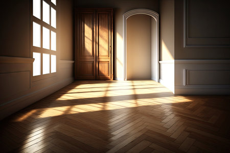 architecture and parquet or hardwood floor with sunlight in room, created with generative ai