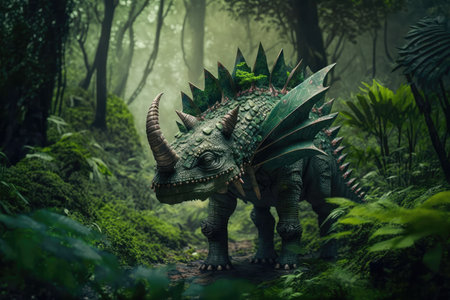 stegosaurus walking through lush jungle, its plates and spikes visible, created with generative aiの素材